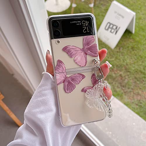 CrazyLemon für Samsung Galaxy Z Flip 4 5G 2022 Hülle, Durchsichtig Harter PC Hülle mit Kette Schlüsselanhänger Kreatives Muster Schutzhülle Handyhülle - Rosa Schmetterling von CrazyLemon