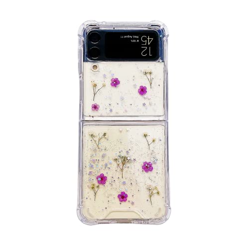 CrazyLemon für Samsung Galaxy Z Flip 4 5G Hülle Silikon Klar mit Getrocknetem Blumenmuster Lila Blumen Glitzer Pailletten Transparent Weich Schmal TPU Stoßfest Hülle für Frauen Mädchen von CrazyLemon