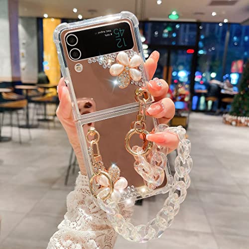 CrazyLemon für Samsung Galaxy Z Flip 4 Hülle Silikon Klarer Spiegel, Luxus Fashion Roségold Schminkspiegel Glitzer Strass Blumen Design mit Riemen Weiche Stoßfeste Hülle für Frauen Mädchen von CrazyLemon