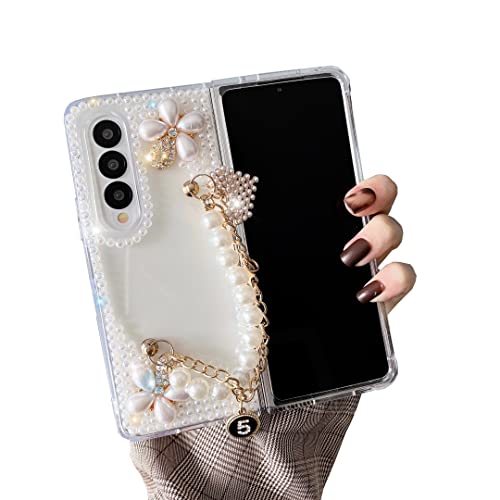 CrazyLemon für Samsung Galaxy Z Fold 4 5G 2022 Hülle, Funkelnd Kristall Glänzend Perlen Blumen Sparkle Glänzend mit 3D Steine Kettenband Lanyard Schutzhülle Handyhülle für Frauen Mädchen von CrazyLemon