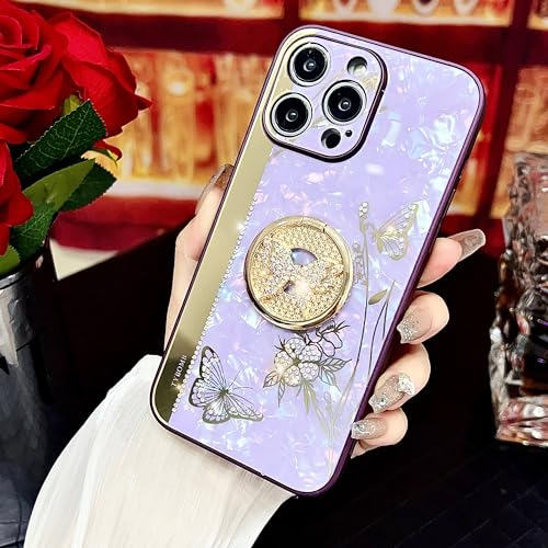 CrazyLemon für iPhone 12 Pro Max Hülle mit Ringhalter Ständer für Frauen Mädchen Schmetterling Blumen Luxuriös Glitzernd Glänzend Strass Goldener Ständer Kameraobjektiv Schutzhülle - Lila von CrazyLemon