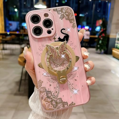 CrazyLemon für iPhone 13 Hülle, Magnetisch mit Ringhalter Ständer Katzenblumen Luxuriös Glitzer Strass Schmetterling Ständer Kameraobjektivschutz Stoßfeste Schutzhülle - Rosa von CrazyLemon