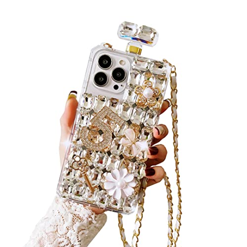 CrazyLemon für iPhone 14 Pro Max Hülle Transparent Luxus Parfümflasche Design Glitzer Kristall Diamant Strass Schmetterling Blumen mit Crossbody-Gurt Handyhülle für Frauen Mädchen - Transparent von CrazyLemon