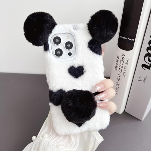 CrazyLemon für iPhone 15 Pro Hülle, Schöne Flauschige Plüsch Schwarz Weiß Panda Fellohren Schwanz Handyhülle für Frauen Mädchen Kinder Weiche Silikonhülle Winterwarme Schutzhülle von CrazyLemon