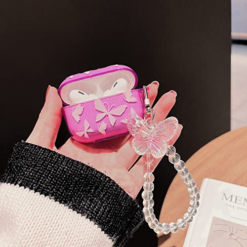 Kompatibel mit AirPods 3 Hülle, CrazyLemon Schmetterling Muster mit Luxus Armband Durchsichtig Kopfhörer Taschen & Cases Silikon AirPods 3 2021 Hülle Schutz Zubehör - Rosa Rot von CrazyLemon