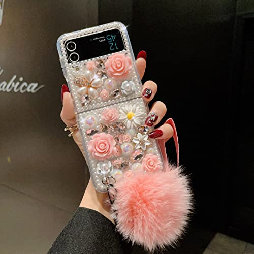 für Samsung Galaxy Z Flip 3 5G 2021 Hülle, CrazyLemon Funkelnd Kristall Glänzend Diamant Steine Perle Rose Design Schutzhülle mit Plüschkugel Pompom Ball Handyhülle für Frauen Mädchen - Rosa von CrazyLemon