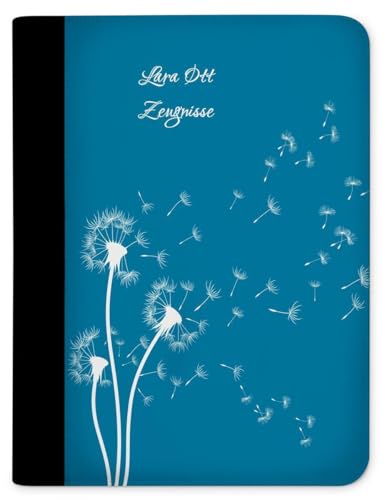 CreaDesign, Kinder Zeugnismappe mit Namen personalisiert, Zeugnis Mappe Pusteblume Blau mit 10 Klarsichthüllen, A4, 26,7 x 32,7 x 1 cm, Rücken schwarz von CreaDesign