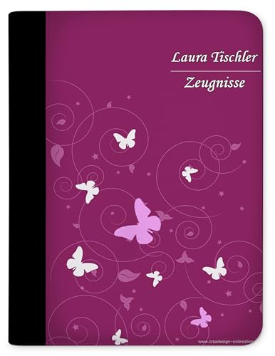 CreaDesign Customize A4 Zertifikatsmappe für Kinder 26,7x32,7x1 cm, Sichtbuch mit 10 Klarsichthüllen, erweiterbar auf bis zu 20 Taschen, Schmetterling Brombeere Grau design, Dokumentenmappe für von CreaDesign