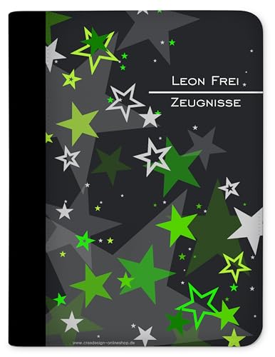 CreaDesign Customize A4 Zertifikatsmappe für Kinder 26,7x32,7x1 cm, Sichtbuch mit 10 Klarsichthüllen, erweiterbar auf bis zu 20 Taschen, Grün Sterne design, Dokumentenmappe für Schüler von CreaDesign
