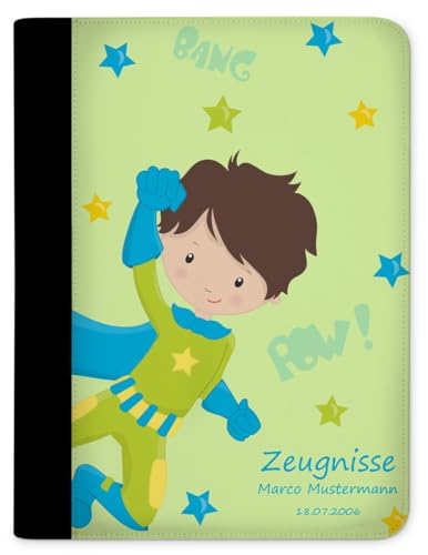 CreaDesign, Kinder Zeugnismappe mit Namen personalisiert, Zeugnis Mappe Superheld Grün mit 10 Klarsichthüllen, A4, 26,7 x 32,7 x 1 cm, Rücken schwarz von CreaDesign