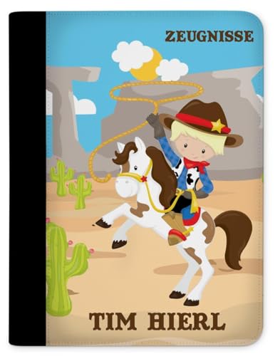 CreaDesign, Kinder Zeugnismappe personalisiert mit Namen, Zeugnis Mappe Cowboy, DIN A4, 26,7 x 32,7 x 1 cm, Rücken schwarz von CreaDesign