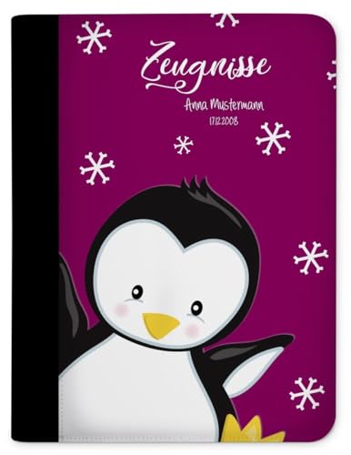 CreaDesign, Kinder Zeugnismappe personalisiert mit Namen, Zeugnis Mappe Pinguin Brombeere, DIN A4, 26,7 x 32,7 x 1 cm, Rücken schwarz von CreaDesign