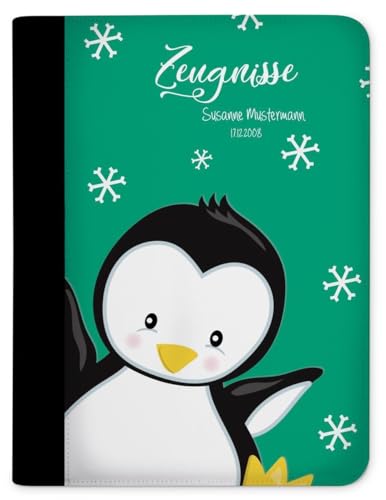 CreaDesign, Kinder Zeugnismappe personalisiert mit Namen, Zeugnis Mappe Pinguin Petrol, DIN A4, 26,7 x 32,7 x 1 cm, Rücken schwarz von CreaDesign