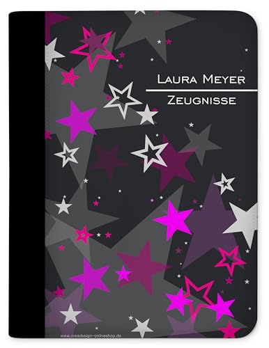 CreaDesign, Kinder Zeugnismappe personalisiert mit Namen, Zeugnis Mappe Sterne Rosa, DIN A4, 26,7 x 32,7 x 1 cm, Rücken schwarz von CreaDesign