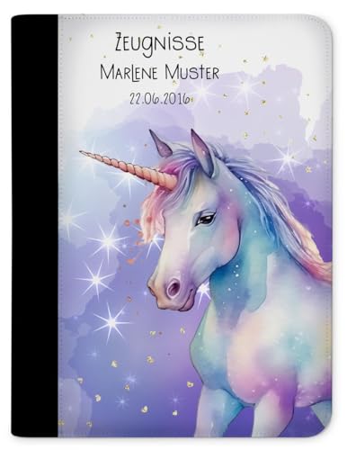 CreaDesign Zeugnismappe personalisiert mit Namen, Zeugnis Mappe Einhorn Watercolor, DIN A4, 26,7 x 32,7 x 1 cm, Rücken schwarz von CreaDesign