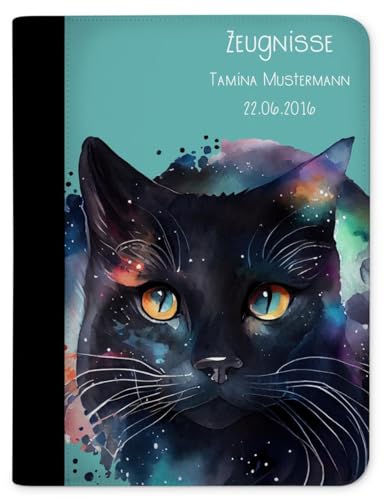 CreaDesign Zeugnismappe personalisiert mit Namen, Zeugnis Mappe Katze schwarz, DIN A4, 26,7 x 32,7 x 1 cm, Rücken schwarz von CreaDesign