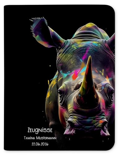 CreaDesign Zeugnismappe personalisiert mit Namen, Zeugnis Mappe Nashorn mit 10 Klarsichthüllen, A4, 26,7 x 32,7 x 1 cm, Rücken schwarz von CreaDesign