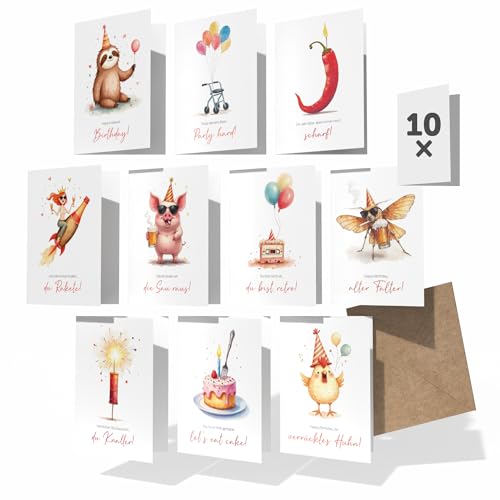 Creatastic® - 10 Stück lustige Geburtstagskarten Set mit Umschlag [Klappkarten mit Kraftpapier Kuvert] DIN A6 | Grußkarten | Glückwunschkarten Geburtstag | Geburtstagskarte | Geburtstagskarten lustig von Creatastic