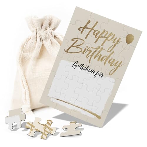 Geburtstagskarte, Gutschein zum selber ausfüllen, personalisierte Geschenke Idee, Happy Birthday Puzzle 24-teilig mit Baumwollsäckchen, Gutschein Geburtstag, Gutschein selbst gestalten von Creatastic