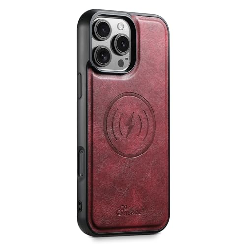 Creative Case Magnetisch Leder Hülle Kompatibel mit iPhone 16 Plus Hülle 6,7 Zoll, Kompatibel mit Allen MagSafe Zubehör, Eingebaute Magnete, Veganes Leder, Stöße, Wasserfest [Rot] von Creative Case