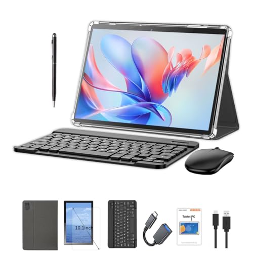 Crelander 10.1 Inch Android 13 Tablet mit SIM Card Slot 4G LTE Calling, 12GB+512GB, 8000mAh Battery, Dual Camera, Bluetooth/WiFi, Bundle mit Schutzhülle, Tastatur, Maus & Stylus (Schwarz) von Crelander