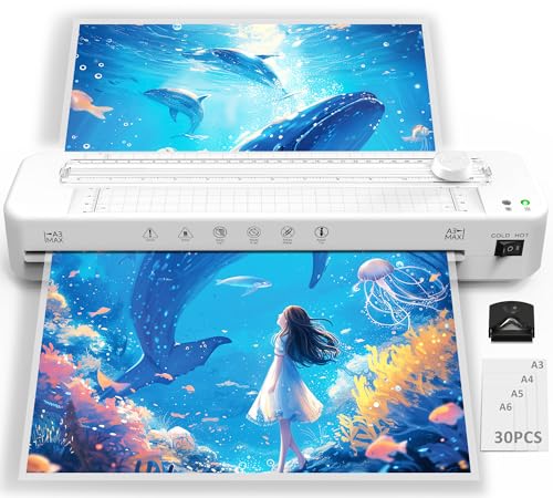 Crenova A3 Laminiergerät, Laminiergerät mit 30 Laminierfolien für A3/A4/A5/A6, Laminiermaschine mit Papierschneider und Eckrunde, Heiß und Kalt Laminiergerat Set für Büro,Zuhause,Schule von Crenova