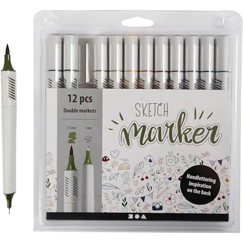 Sketchmarker, 1 Packung, 12 Stück, Line 1+2-5 mm, Mute Colors von Creotime