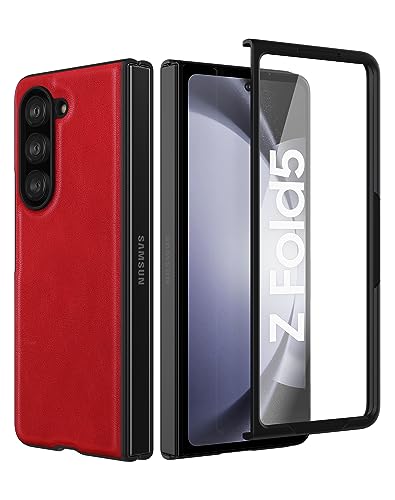 Cresee Hülle für Samsung Galaxy Z Fold 5 mit Integrierte Displayschutzfolie, PU Leder & Hartes Polycarbonat Handyhülle Case Schutzhülle Cover für Galaxy Z Fold5 (2023) Rot von Cresee