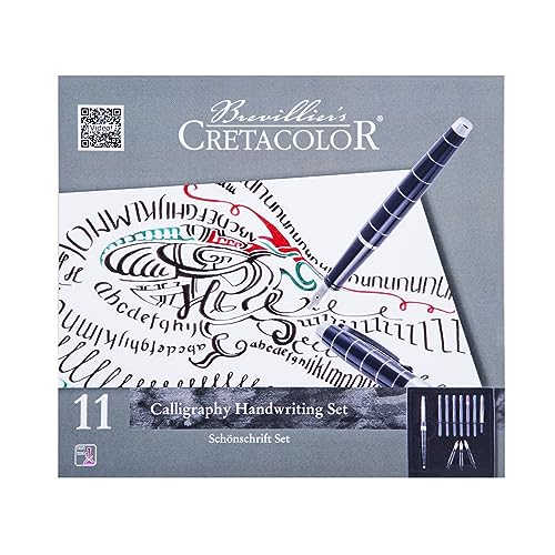 CRETACOLOR Kalligraphie Set 11-teilig, Lettering, Calligraphy & Hand Lettering Starter Set, inkl. 3 Federn und 6 Tintenpatronen, Grundausstattung Kalligraphie, Füllhalter aus schwarzem Metall von Cretacolor