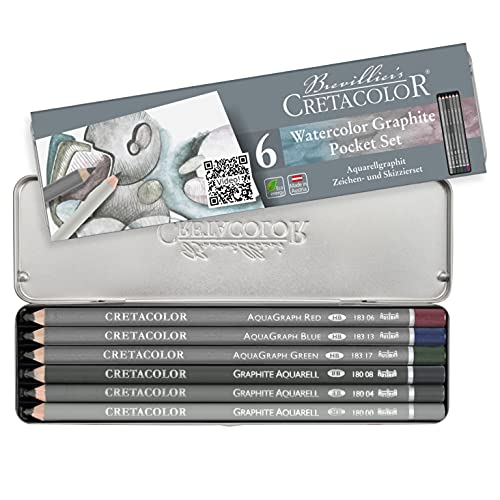 CRETACOLOR Watercolor Graphite Pocket Set | Wasservermalbare Graphitstifte | 3 Farben & 3 Graphit-Graduationen, 6 Stück (1er Pack) von Cretacolor