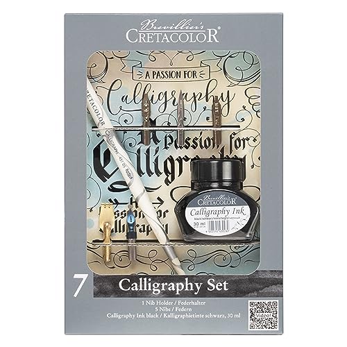 Cretacolor Kalligraphie-Set 7-teilig - Inkl. 5 Verschiedene Federn & 30 ml Schwarzer Tinte, Ideal für Schönschreiben und Künstler von Cretacolor