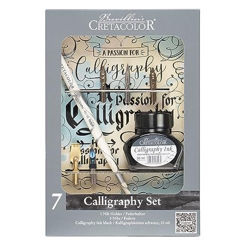 CRETACOLOR Kalligraphie-Set 7-teilig - Inkl. 5 Verschiedene Federn & 30 ml Schwarzer Tinte, Ideal für Schönschreiben und Künstler von CRETACOLOR