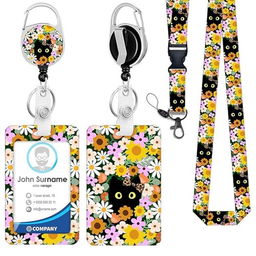 ID-Ausweishalter mit Lanyard, Lanyard mit Kartenhalter in Blumen-Katze-Schmetterling-Designs, Clip On ID Ausweishalter für Fachleute Studenten Lehrer Krankenschwestern Büroangestellte (Katze) von Cretvestsar