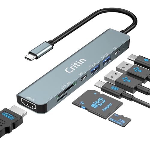 USB-C-Hub, 7-in-1 USB-C-Multiport-Adapter mit 4K-HDMI, 100 W PD, USB-C und 2 USB-A-Datenanschlüssen 5 Gbit/s, SD- und TF-Kartensteckplätze, Aluminium-USB-Typ-C-Hub, für MacBook Pro Air, Surface Pro, von Critin