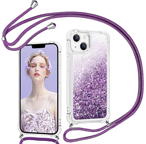 Croazhi Handykette Handyhülle für iPhone 15 Hülle mit Band, Kordel zum Umhängen Seil Case für Apple 15 Glitzer Flüssig Glänzend Silikon Schutzhülle für iPhone 15 6,1 Zoll (Lila) von Croazhi