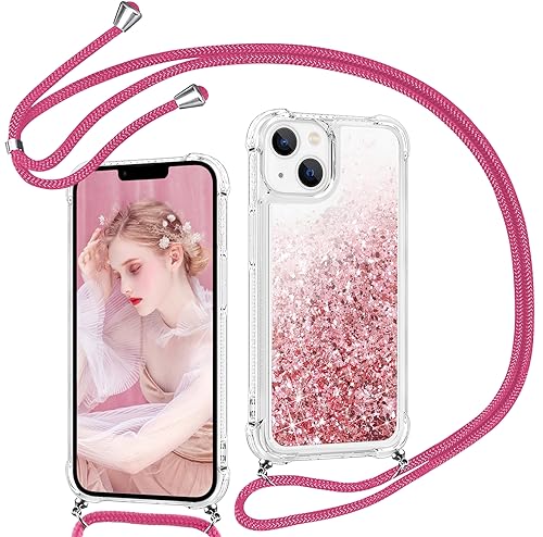 Croazhi Handykette Handyhülle für iPhone 15 Hülle mit Band, Kordel zum Umhängen Seil Case für Apple 15 Glitzer Flüssig Glänzend Silikon Schutzhülle für iPhone 15 6,1 Zoll (Rosa) von Croazhi