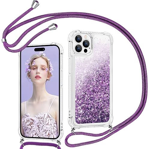 Croazhi Handykette Handyhülle für iPhone 15 Pro Hülle mit Band, Kordel zum Umhängen Seil Case für Apple 15 Pro Glitzer Flüssig Glänzend Silikon Schutzhülle für iPhone 15 Pro 6,1 Zoll (Lila) von Croazhi