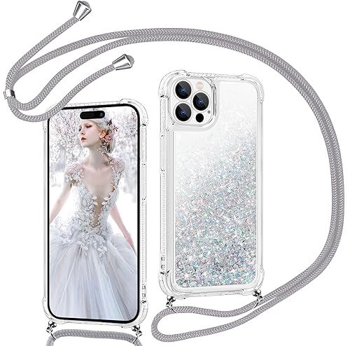 Croazhi Handykette Handyhülle für iPhone 15 Pro Hülle mit Band, Kordel zum Umhängen Seil Case für Apple 15 Pro Glitzer Flüssig Glänzend Silikon Schutzhülle für iPhone 15 Pro 6,1 Zoll (Silber) von Croazhi