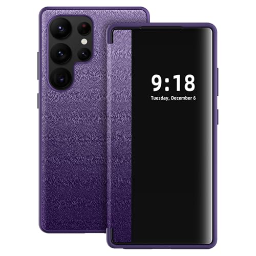 Croazhi Hülle für Samsung Galaxy S22 Ultra Handyhülle S View Flip Case Stoßfest Kratzfest Tasche Flip Schutzhülle für Samsung S22 Ultra, Durchscheinend View Silikon Bumper Galaxy Handyhülle (Lila) von Croazhi