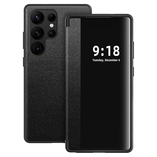 Croazhi Hülle für Samsung Galaxy S22 Ultra Handyhülle S View Flip Case Stoßfest Kratzfest Tasche Flip Schutzhülle für Samsung S22 Ultra, Durchscheinend View Silikon Bumper Galaxy Handyhülle (Schwarz) von Croazhi