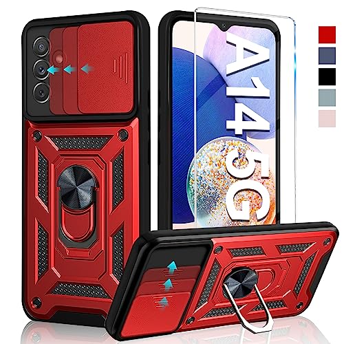 Croazhi Kameraschutz Handyhülle für Samsung Galaxy A14 Hülle mit Schutzfolie, 360 Grad Metal Ring Halter Standard Stoßfest Schutzhülle Case Cover für Samsung A14 Displayschutz (red) von Croazhi