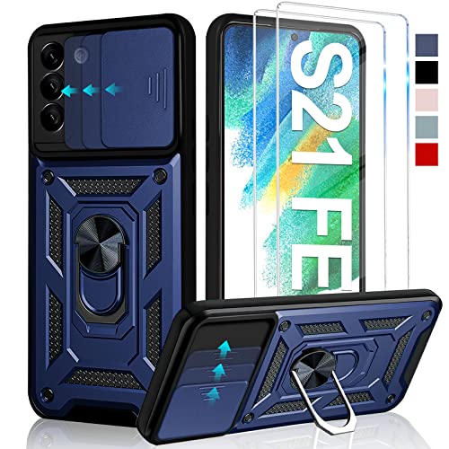 Croazhi Kameraschutz Handyhülle für Samsung Galaxy S21 Fe 5G Hülle mit Schutzfolie *2 pcs, 360 Grad Metall Ring Halter Militär Standard Stoßfest Schutzhülle Handy Hüllen für Samsung S21 Fe Case Cover von Croazhi