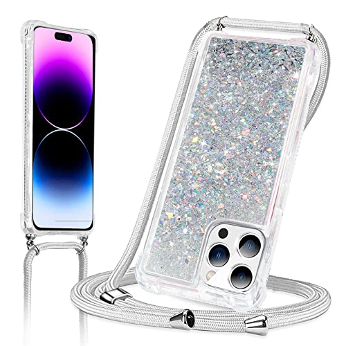 Croazhi Treibsand Glitzer Handykette für iPhone 14 Pro Hülle mit Band, Original Transparent Flüssig Quicksand Apple Case Cover mit Kordel zum Umhängen Seil Handyhülle für iPhone 14 Pro White von Croazhi