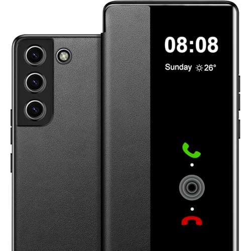 Flip Case für Samsung Galaxy S21 Hülle S View, Clear View Flip Folio PU Leder Hard PC für Samsung S21 Hülle, Luxus Anti-Scratch Flip Cover Handyhülle für Samsung Galaxy S21 5G (Schwarz) von Croazhi