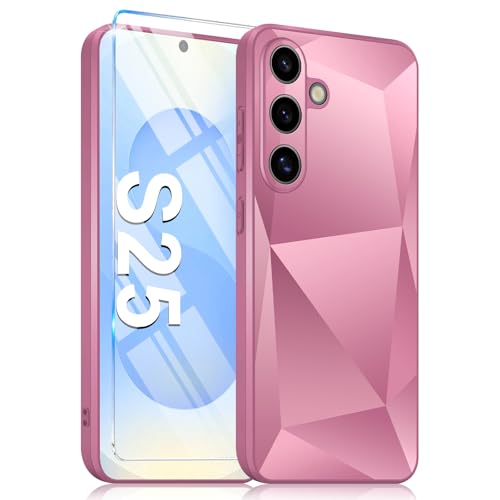 Handyhülle für Samsung Galaxy S25 Hülle mit Schutzfolie Rauten Textur Glitzer S25 Handy-Hülle Dünn Griffig Silikon Bumper PC Robuste Stoßfest Schutz Case für Samsung S25 (Rosa) von Croazhi