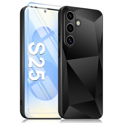 Handyhülle für Samsung Galaxy S25 Hülle mit Schutzfolie Rauten Textur Glitzer S25 Handy-Hülle Dünn Griffig Silikon Bumper PC Robuste Stoßfest Schutz Case für Samsung S25 (Schwarz) von Croazhi