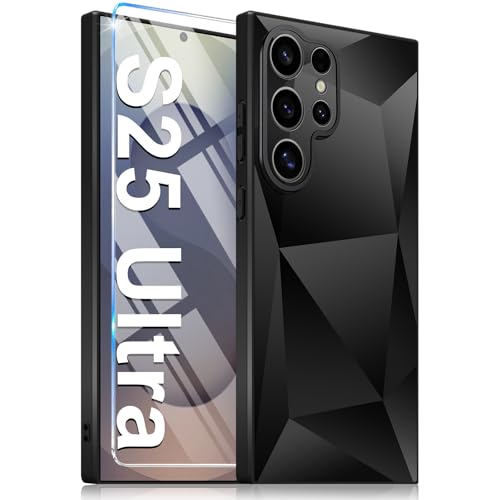Handyhülle für Samsung Galaxy S25 Ultra Hülle mit Schutzfolie Rauten Textur Glitzer S25 Ultra Handy-Hülle Dünn Griffig Silikon Bumper PC Robuste Stoßfest Schutz Case für Samsung S25 Ultra (Schwarz) von Croazhi