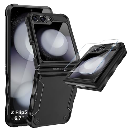 Handyhülle für Samsung Galaxy Z Flip 5 5G Hülle mit Schutzfolie, Rutschfeste Stilvolle Textur Z Flip5 Handytasche Case, Hard PC Militär Rugged Stoßfest Schutzhülle für Samsung Z Flip 5 Handy (Schwarz) Handyhülle für Samsung Galaxy Z Flip 5 5G Hülle mit Schutzfolie, Rutschfeste Stilvolle Textur Z Flip5 Handytasche Case, Hard PC Militär Rugged Stoßfest Schutzhülle für Samsung Z Flip 5 Handy (Schwarz) von Croazhi