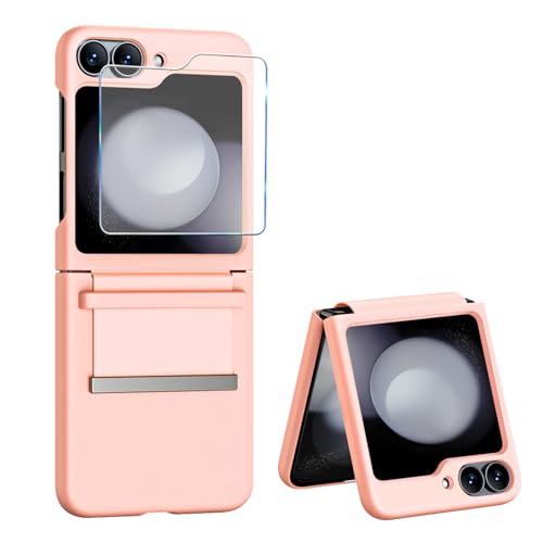 Handyhülle für Samsung Galaxy Z Flip 5 Hülle mit Schutzfolie, Dünn Folable Matt PC Flip 5 Handy Tasche Case mit vegan Leather Strap Scharnierschutz Stoßfeste Schutzhülle für Samsung Z Flip5 (Rosa) von Croazhi