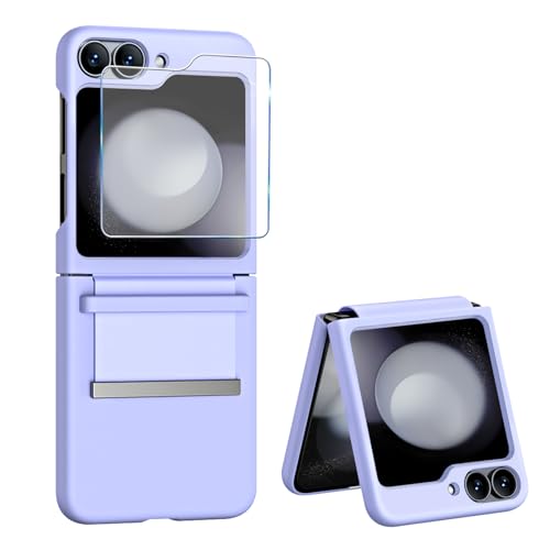 Handyhülle für Samsung Galaxy Z Flip 5 Hülle mit Schutzfolie, Dünn Folable Matt PC Flip 5 Handy Tasche Case mit vegan Leather Strap Scharnierschutz Stoßfeste Schutzhülle für Samsung Z Flip5 (Lila) von Croazhi